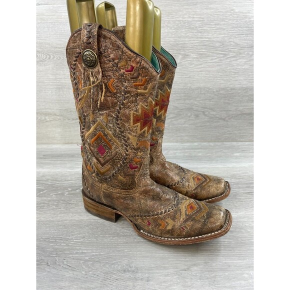 Corral C2915 Women's 9.5M Brown Leather Whip Stitch Aztec Cowgirl Western Boot